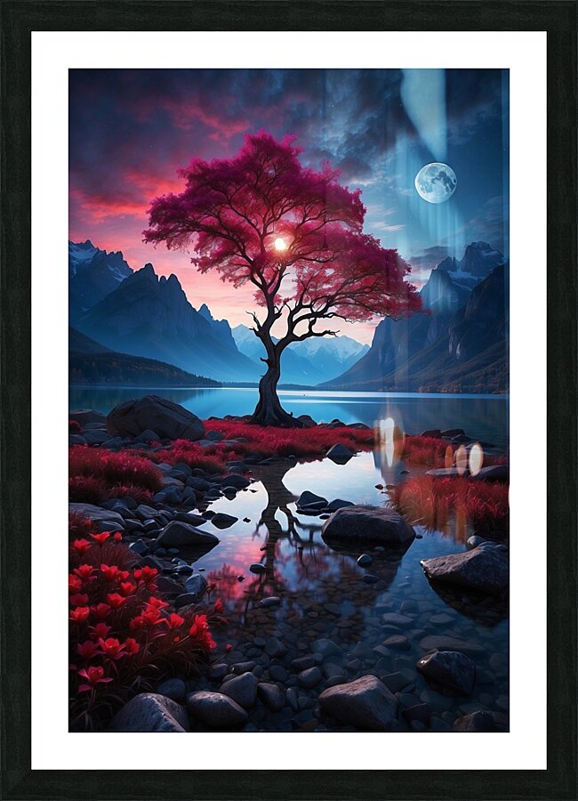 the ethereal beauty of a mystical landscape under the red moonlight Picture Frame print