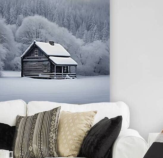 Snowy winter wonderland with a lone cabin in the distance by nadir amar