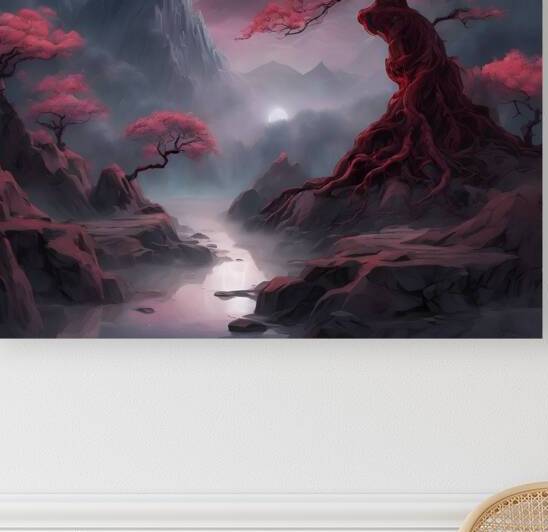 the ethereal beauty of a mystical landscape under the red moonlight by nadir amar