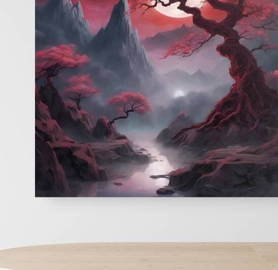 the ethereal beauty of a mystical landscape under the red moonlight by nadir amar