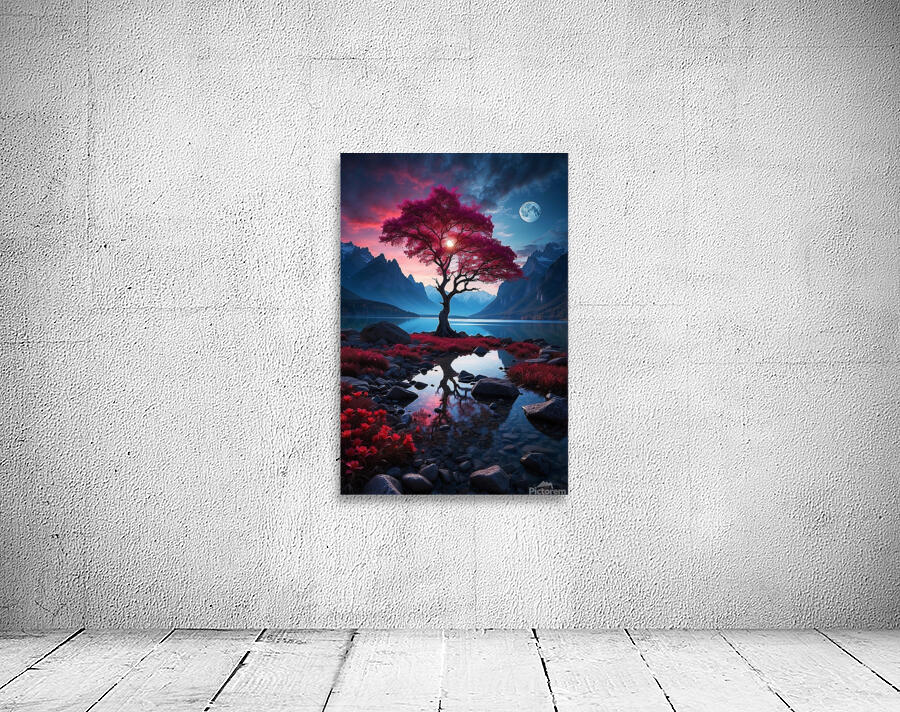 the ethereal beauty of a mystical landscape under the red moonlight Wall Preview