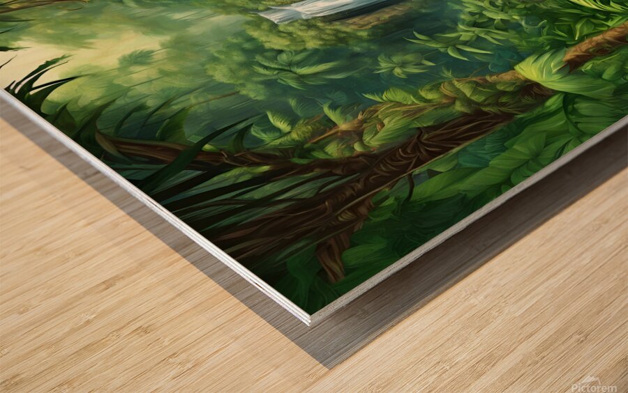 Enchanting waterfall in a lush jungle Wood print