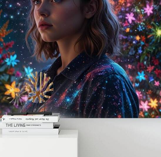 a beautiful girl In a digital world filled with shimmering stars and glowing galaxies a starry-eyed galactic digital garden comes to life by yassine
