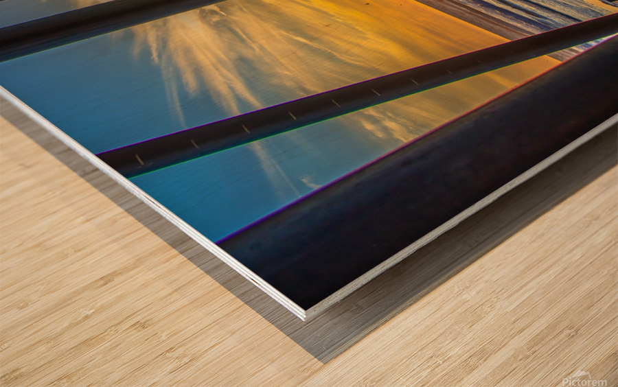 sunset pier surfer Wood print