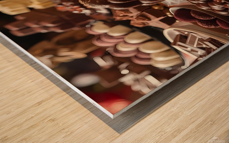 a mouthwatering display of various chocolate deli Wood print