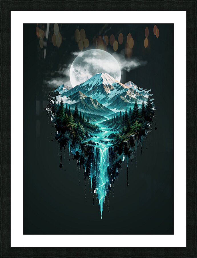 Floating Mountain Landscape with Waterfall Picture Frame print