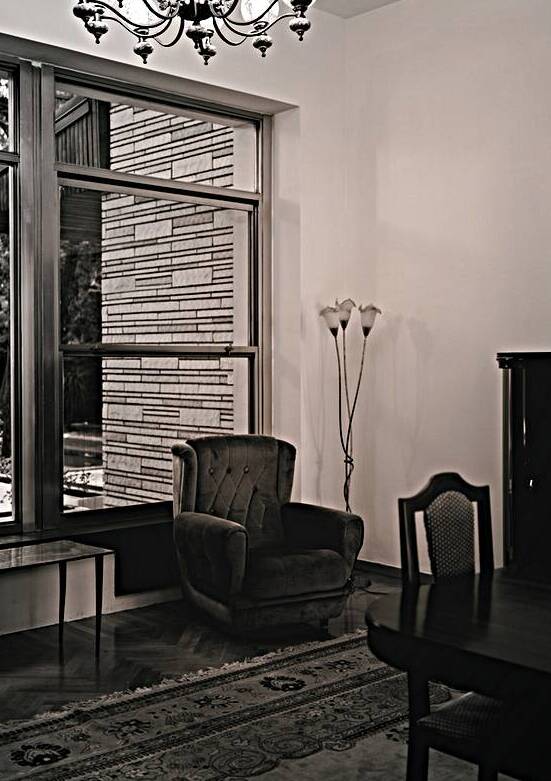 Solitary Armchair Under the Chandelier. Black & White Interior Series by Murat Kucukkarakasli