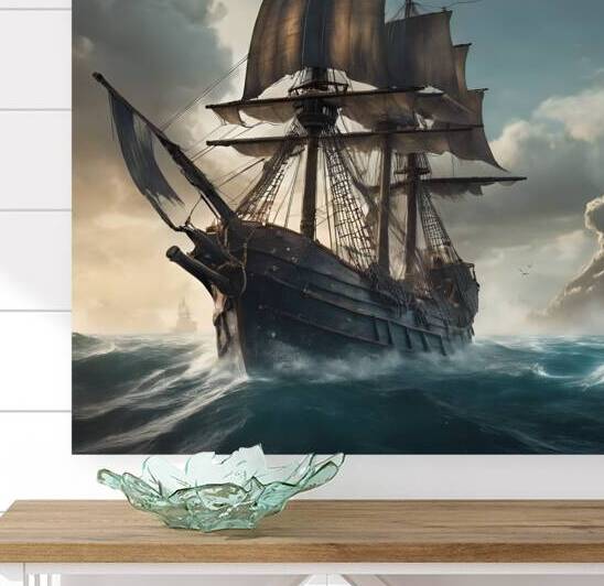 A large pirate sailboat in the middle of the sea by John Bizz