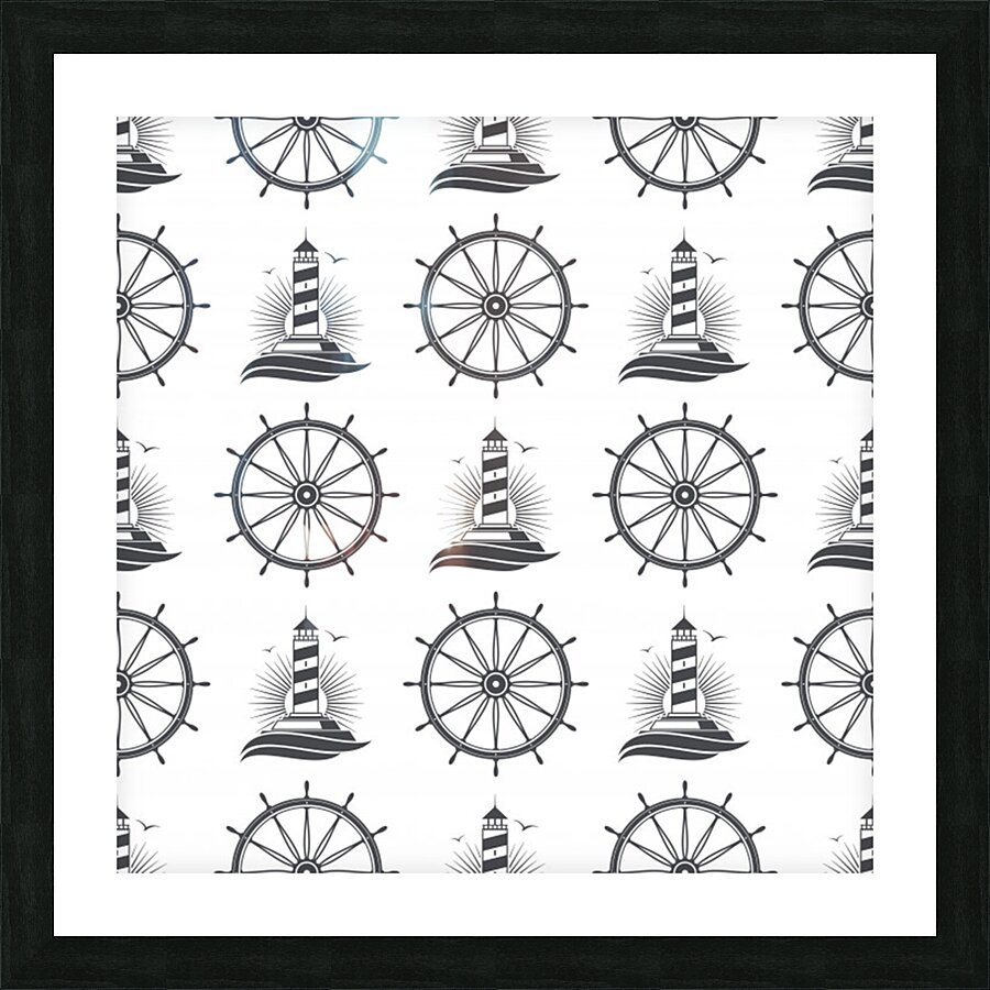 Marine nautical seamless pattern with vintage lighthouse wheel Picture Frame print