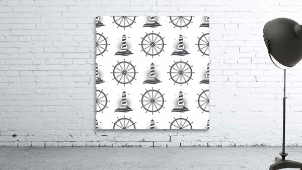 Marine nautical seamless pattern with vintage lighthouse wheel Wall Preview