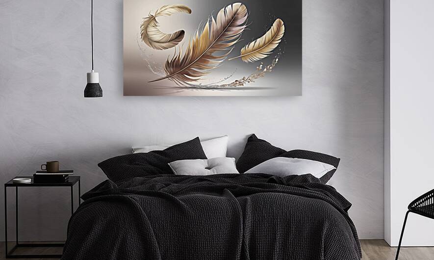 Flight of Grace: Golden Feathers in Motion Wall Art by Connected Creations