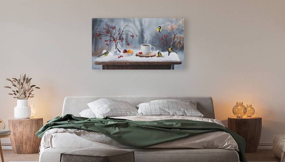 Cozy Winter Retreat: Rustic Table with Hot Chocolate and Vibrant Birds by Connected Creations