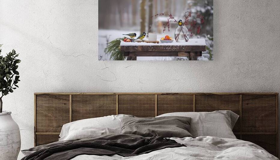 Charming Winter Serenity: Rustic Table with Birds and Snowy Backdrop by Connected Creations