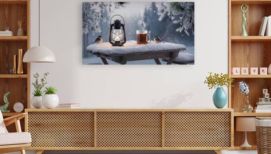 Winter Serenity: Cozy Snowy Table with Lantern and Birds by Connected Creations