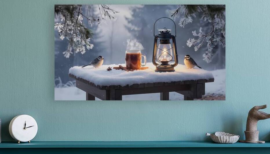 Frosted Tranquility: Snowy Table with Lantern and Birds by Connected Creations