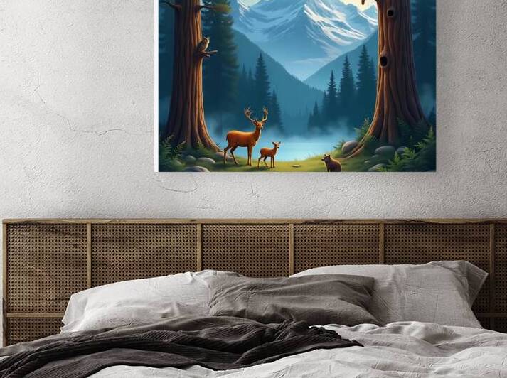 Snowy Mountain with Owl and Deer – Winter Wildlife Art Print by sama photo
