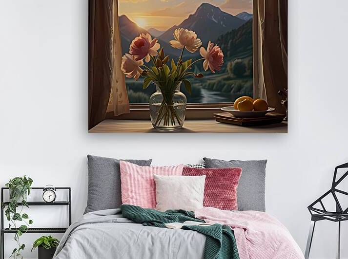 Elegant Flowers by Window with Mountain View – Morning Serenity Art Print by sama photo