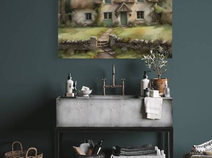 Abandoned Stone Cottage in Misty Forest – Rustic Ruins Art Print by sama photo