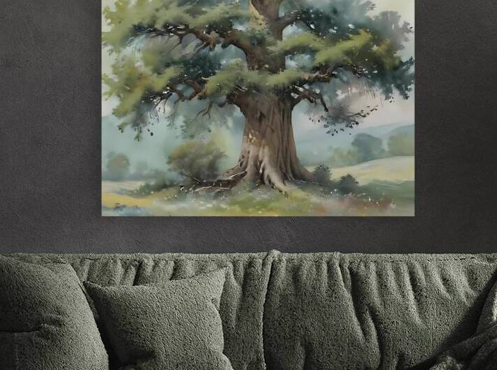 Ancient Majestic Oak Tree – Mystical Nature Watercolor Art Print by sama photo