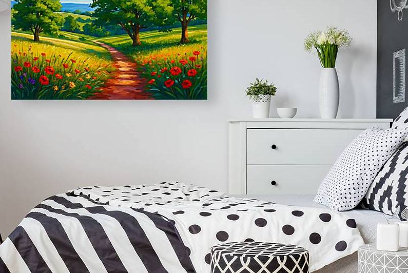 Sunlit Meadow with Poppies and Sunflowers – Impressionist Oil Painting 16K Wall Art by sama photo