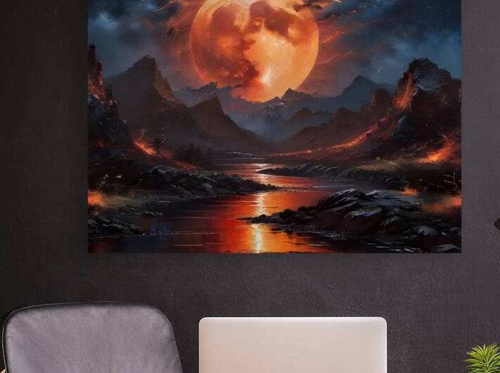 Giant Orange Harvest Moon Over Mountains – Dramatic Lunar Art Print by sama photo