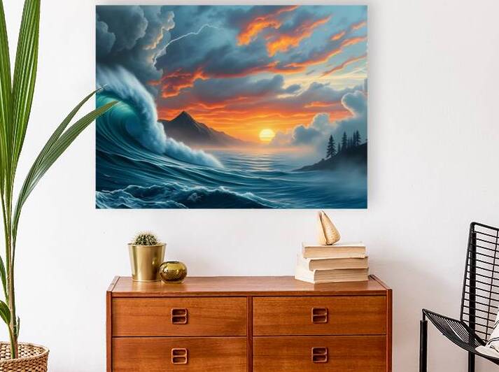 Dramatic Sunset Over Ocean Waves – Epic Seascape Art Print by sama photo