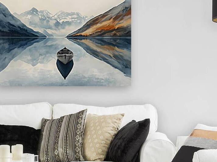Solitary Boat on Mirror Lake – Mountain Serenity Art Print by sama photo