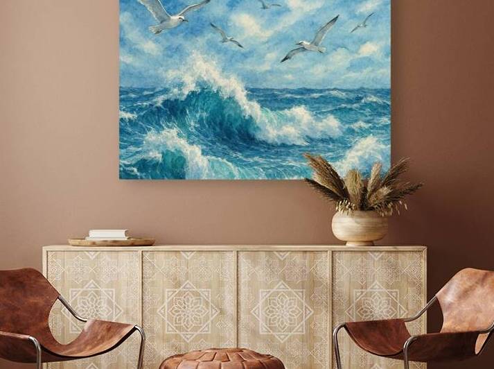 Freedom Over Waves: Watercolor Seagulls & Stormy Ocean Seascape by sama photo