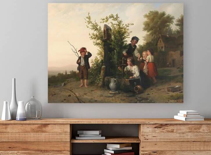 Children at the Stone Well – 19th Century Village Life Painting Remastered 16K Wall Art by sama photo