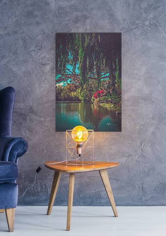 Autumns Palette: Evergreen Pines and Vibrant Perennials by the Reflective Lake by By:Zo Art Print Collection   by Maria Desnoyers
