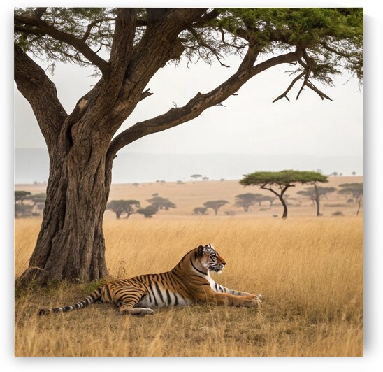 in the African savannah under a tree a tiger relaxes by rassam