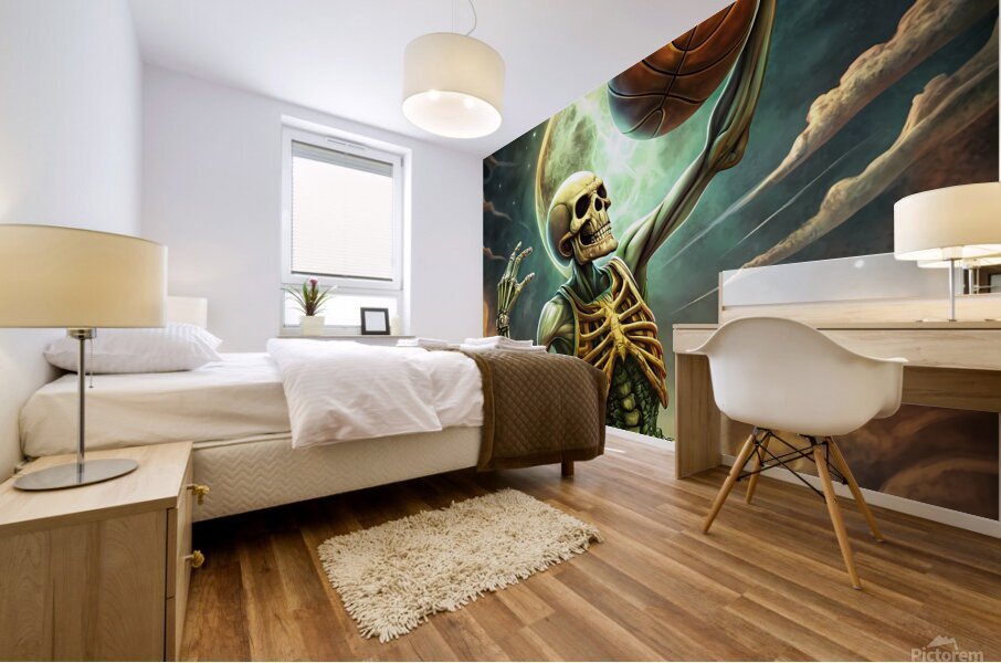 a skeleton playing basketball  Mural print