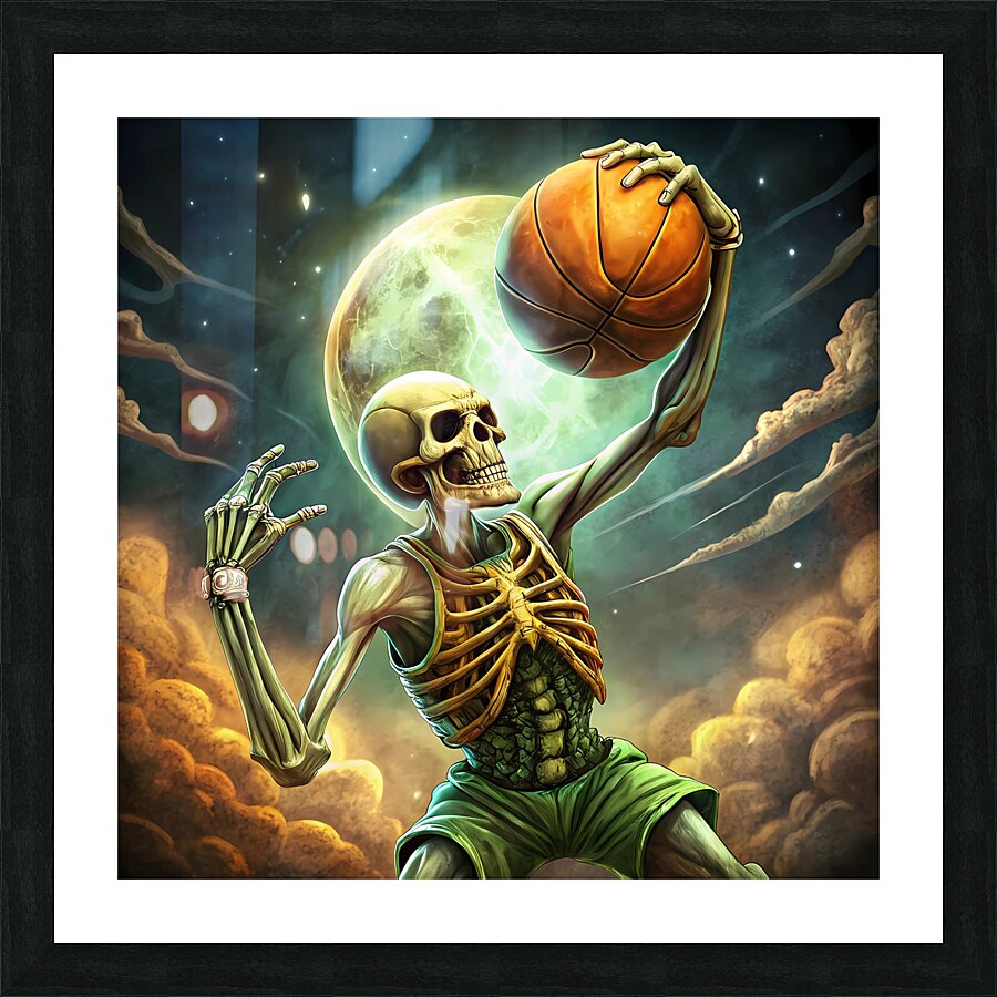 a skeleton playing basketball  Picture Frame print