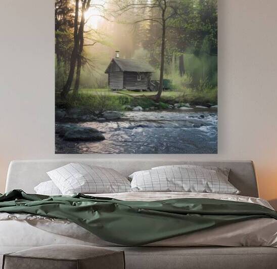a serene image of a wooden cabin in the middle of by rassam