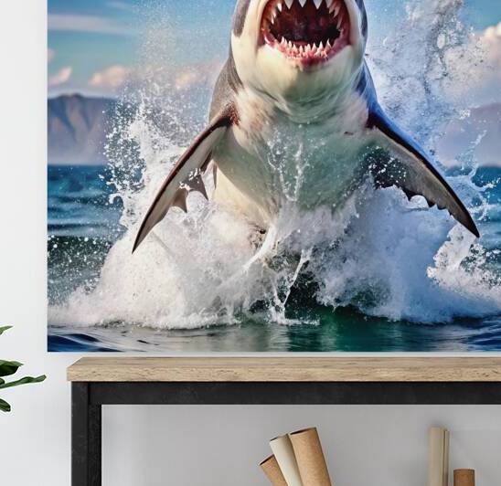 image of a shark surging above the water showing by rassam