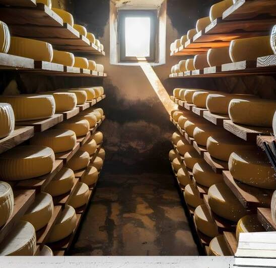 a photo of a cellar with round cheeses the cheese by rassam