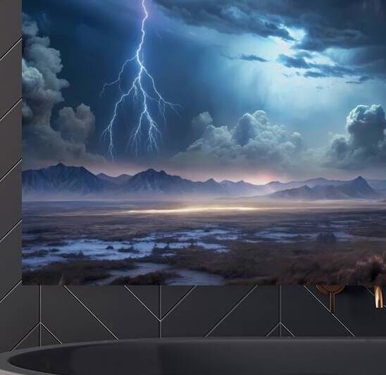 a scene of a plain a misty sky lightning and thunder by rassam