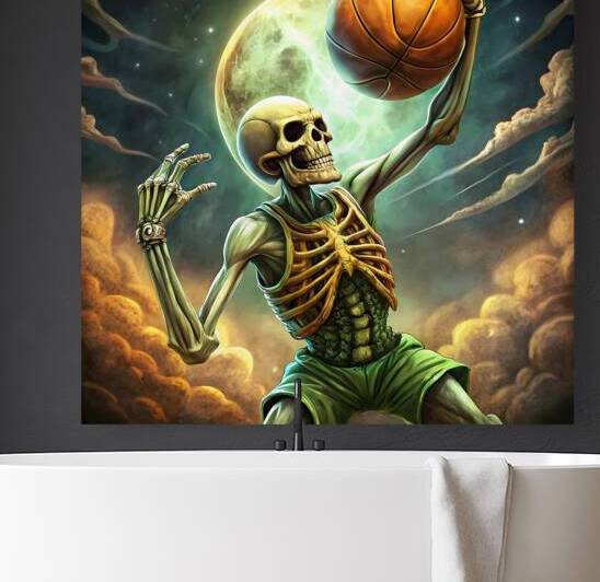 a skeleton playing basketball  by rassam