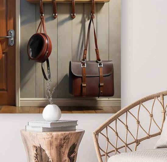 on the entrance wall of the hall hangs a schoolbag leash helmet by rassam