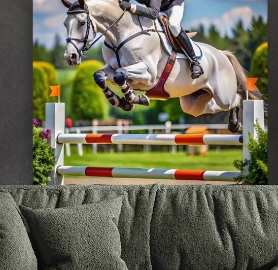 a horse runs to jump over an obstacle in a competition by rassam
