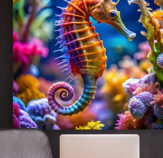 a colorful seahorse in a giant aquarium by rassam