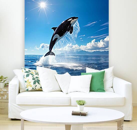 an orca jumping into the ocean  sunny blue sky . by rassam