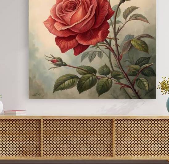 painting of a vintage style red rose by rassam