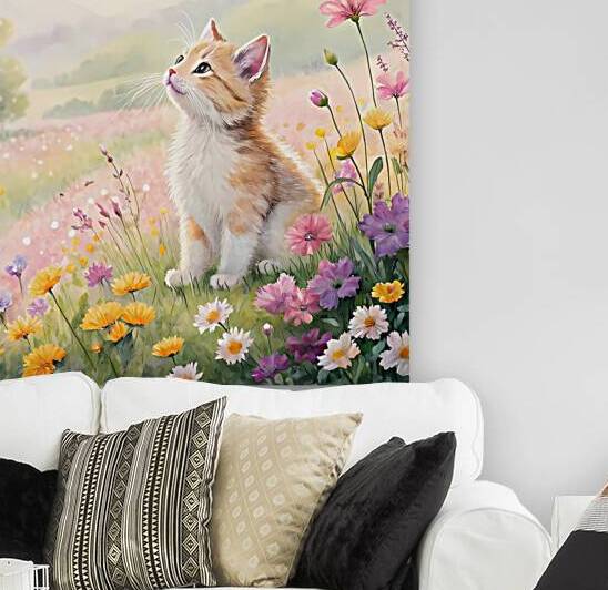 CUTE CAT SITTING A MIDLT A COLORFUL FIELD OF FLOWERS by rassam
