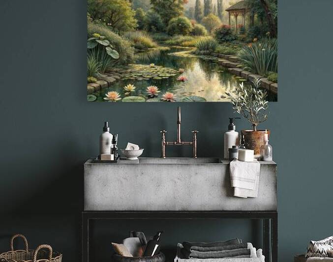 vintage oil painting of a garden pond abstract art by rassam
