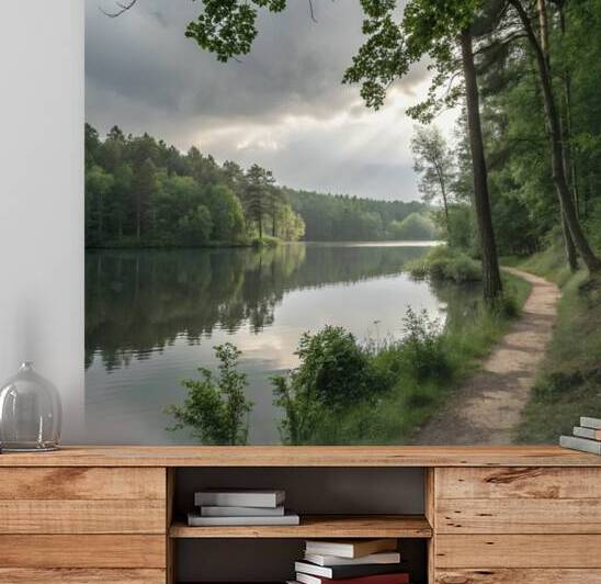 scene of a lake crossing a forest  by rassam