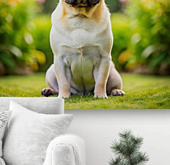 lovely and cute white pug sitting on a lawn in the garden by rassam
