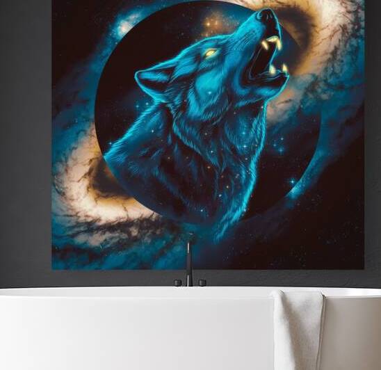 a digital art piece of a galactic background with wolf by rassam