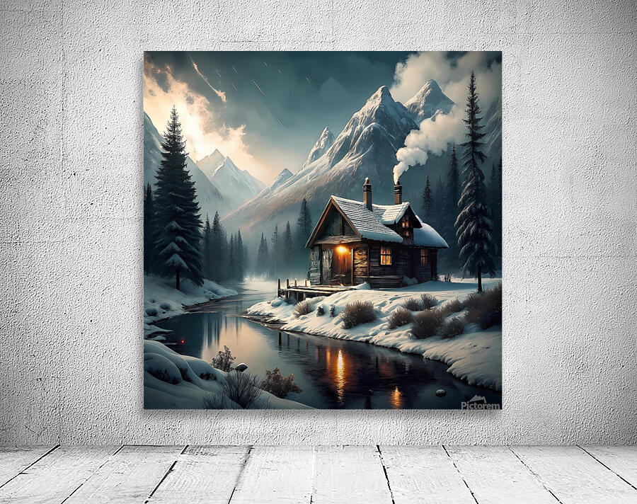 Rassam Collection a wooden cabin at the foot of the mountains by rassam Wall Art