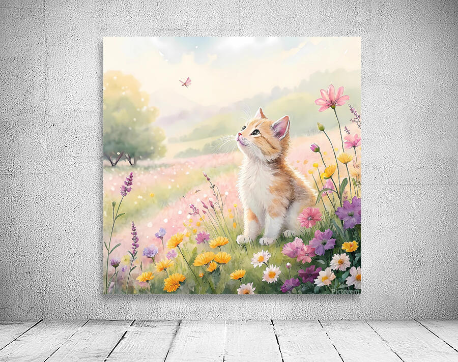 Artist Rassam CUTE CAT SITTING A MIDLT A COLORFUL FIELD OF FLOWERS by rassam Wall Art